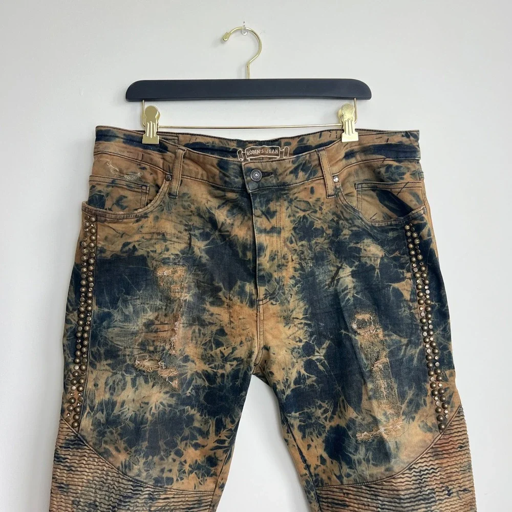 Robin's Jean Black Brown Splatter Acid Wash Long Flap Pocket Studded Moto‎ Jeans